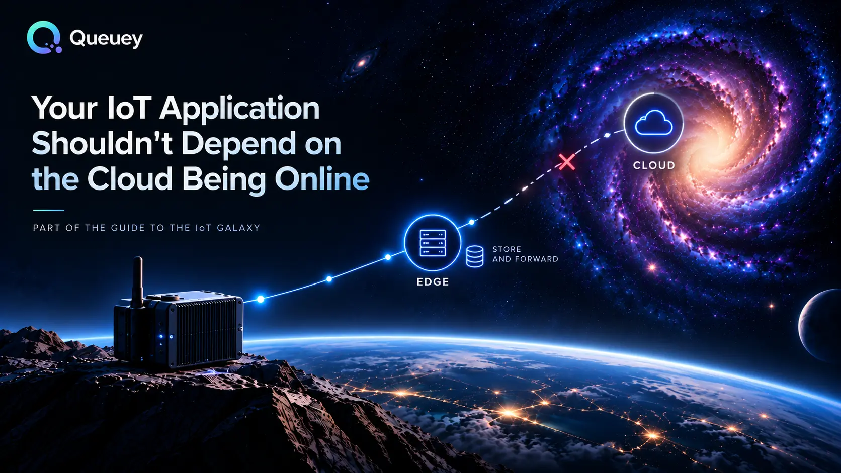 Queuey hero: a device on a planetary ridge sending events through an edge node with store-and-forward while the link to the cloud is broken.
