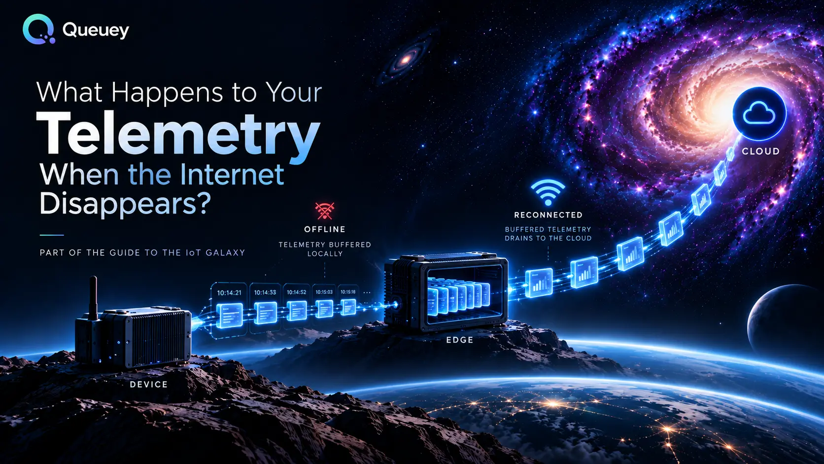 Queuey hero: telemetry buffered locally at the edge while offline, then draining to the cloud after reconnection.
