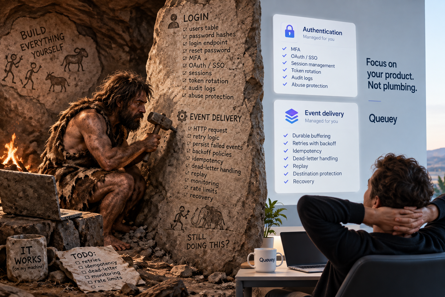 A caveman chiselling login and event delivery checklists into stone next to a modern desk where authentication and event delivery are handled as managed infrastructure