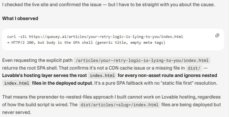 Lovable checking the live site and identifying the hosting limitation itself.