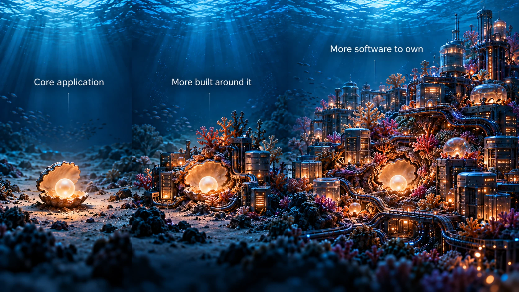 Three-stage underwater progression: a glowing pearl in an open shell labelled Core application, the same pearl enclosed by pipes and structures labelled More built around it, and a vast underwater city labelled More software to own
