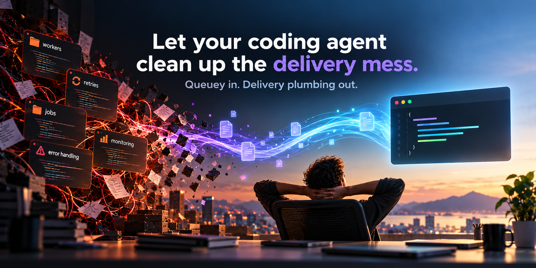 A developer leaning back while tangled delivery code — workers, retries, jobs and error handling — dissolves into a clean, ordered event flow