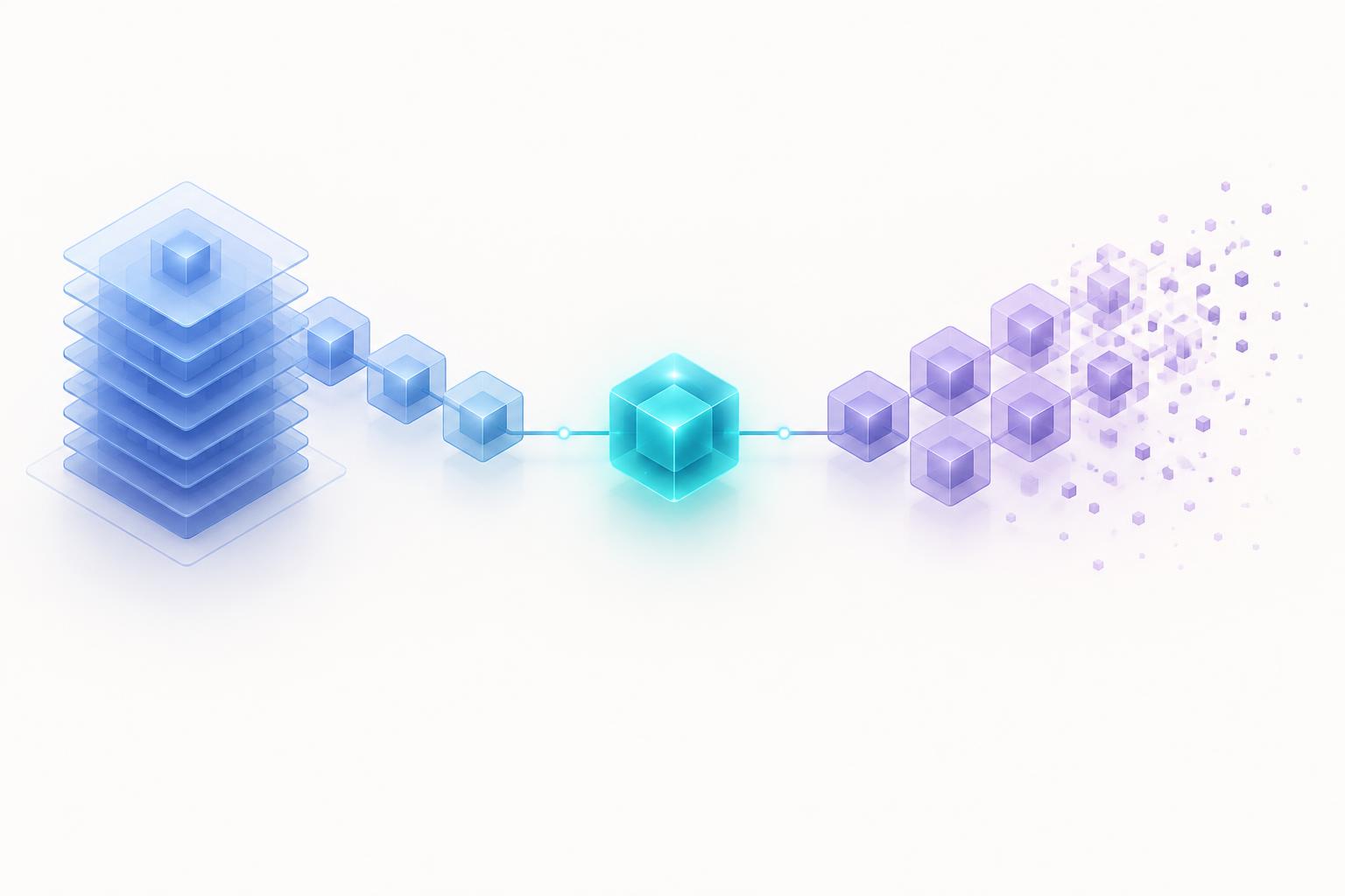 One event packet on a horizontal pipeline, pulled between a stack of archived event layers on one side and a fading, dissolving grid on the other